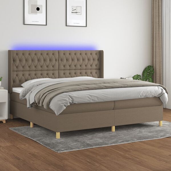 vidaXL Box spring postelja z vzmetnico LED taupe 200x200 cm blago