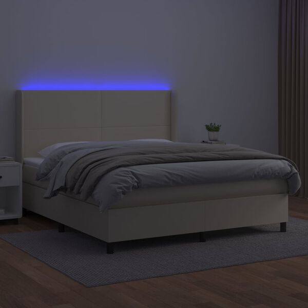 vidaXL Box spring postelja z vzmetnico LED krem 160x200cm umetno usnje