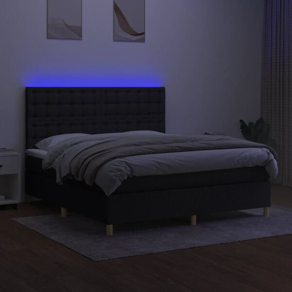 vidaXL Box spring postelja z vzmetnico LED črna 180x200 cm blago
