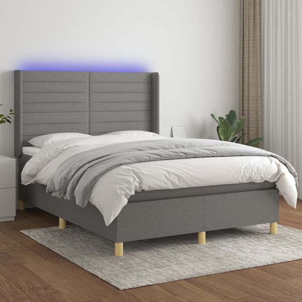 vidaXL Box spring postelja z vzmetnico LED temno siva 140x190 cm blago