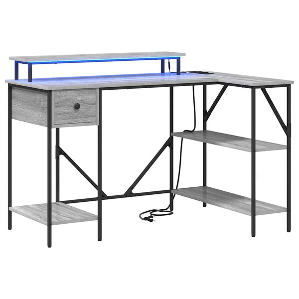 vidaXL Miza z LED lučmi Siva Sonoma 120 x 79 x 86,5 cm Konstruiran les