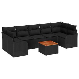 vidaXL Vrtna sedežna garnitura z blazino 8 pcs Črna poli ratan