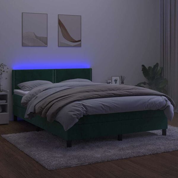 vidaXL Box spring postelja z vzmetnico LED tem. zelena 140x200cm žamet