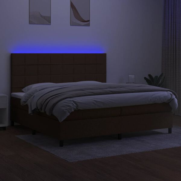 vidaXL Box spring postelja z vzmetnico LED temno rjava 200x200cm blago