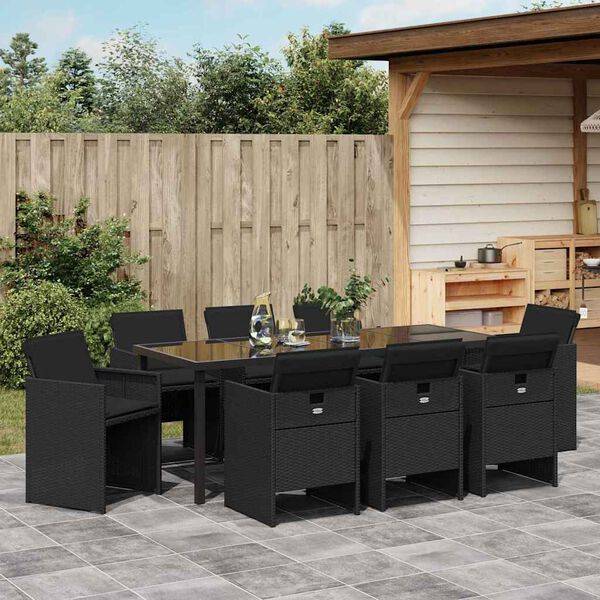 vidaXL Komplet za jedilnico v vrtu 9 pcs Črna poli ratan