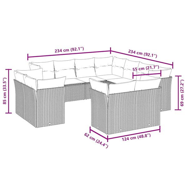 vidaXL Vrtna sedežna garnitura 11-delna z blazinami črn poli ratan