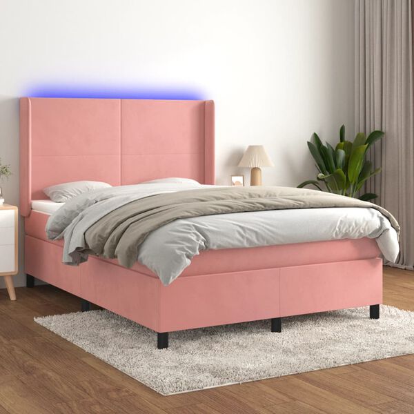 vidaXL Box spring postelja z vzmetnico LED roza 140x190 cm žamet