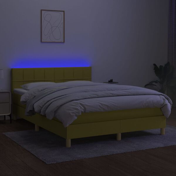vidaXL Box spring postelja z vzmetnico LED zelena 140x200 cm blago