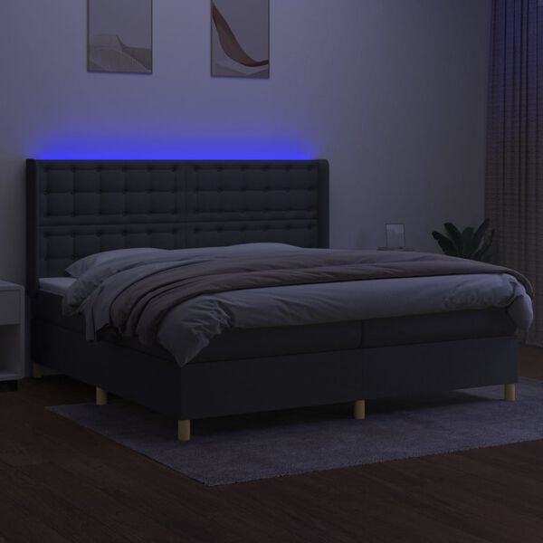 vidaXL Box spring postelja z vzmetnico LED temno siva 200x200 cm blago