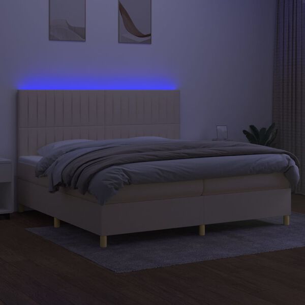 vidaXL Box spring postelja z vzmetnico LED krem 200x200 cm blago