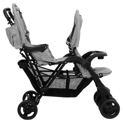 vidaXL Otroški voziček za dvojčke svetlo sivo jeklo