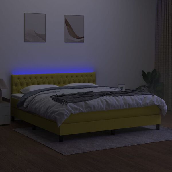 vidaXL Box spring postelja z vzmetnico LED zelena 180x200 cm blago