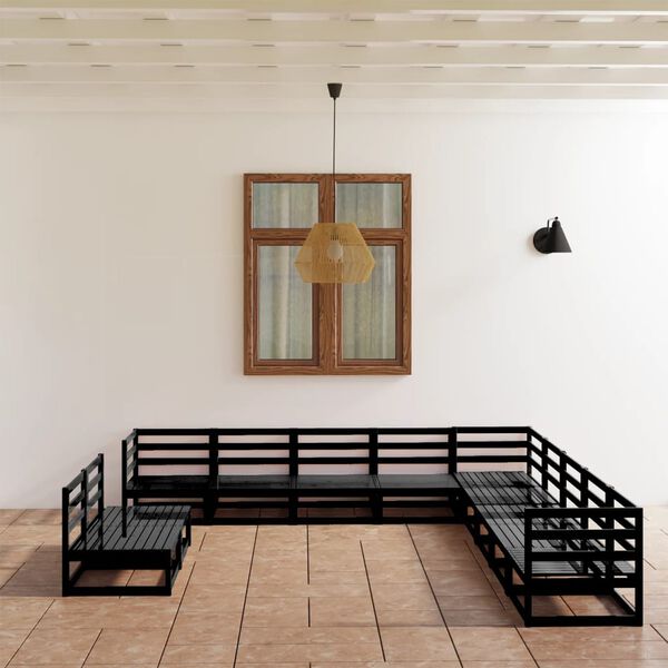 vidaXL Vrtna sedežna garnitura 11-delna črna trdna borovina