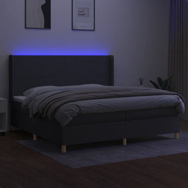 vidaXL Box spring postelja z vzmetnico LED temno siva 200x200 cm blago