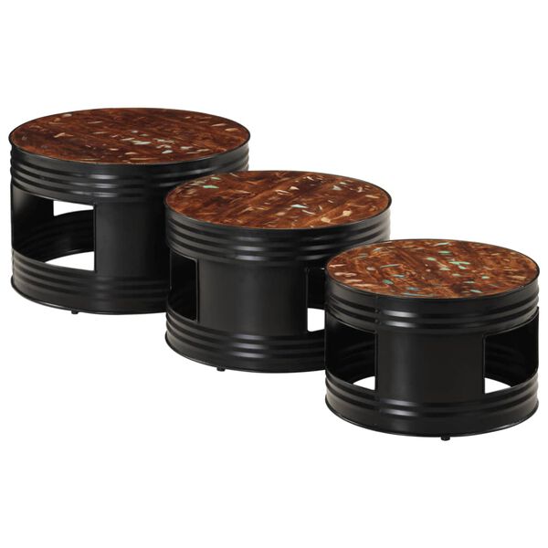 vidaXL Barska mizica oblika bobna 3 kosi predelan trden les