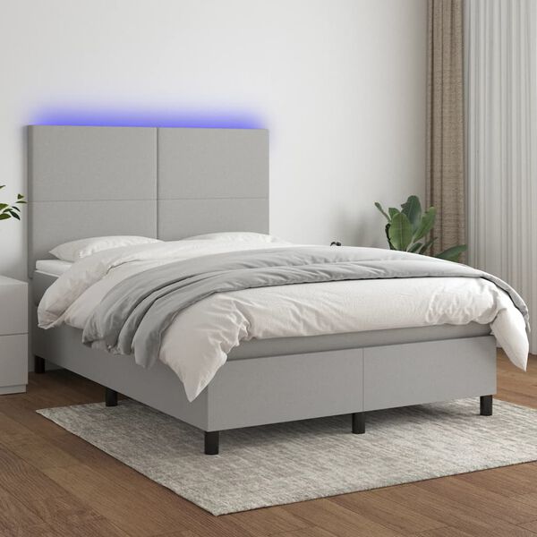 vidaXL Box spring postelja z vzmetnico LED svetlo siva 140x190cm blago