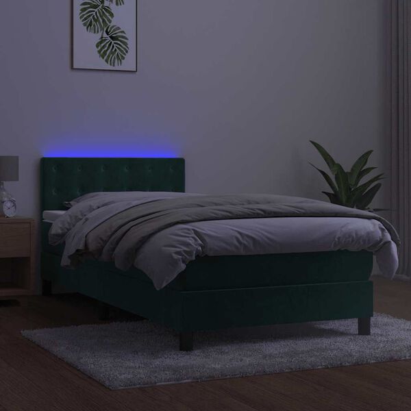 vidaXL Box spring postelja z vzmetnico LED tem. zelena 90x200 cm žamet