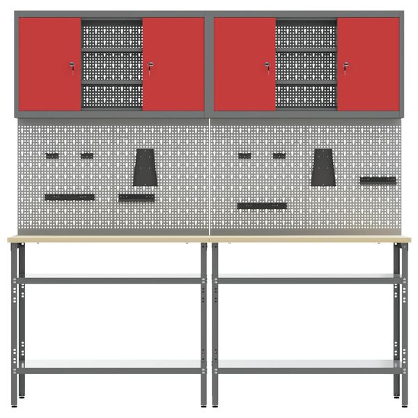 vidaXL Komplet delovne mize 8 pcs Rdeča in siva Pra&scaron;no lakirano jeklo