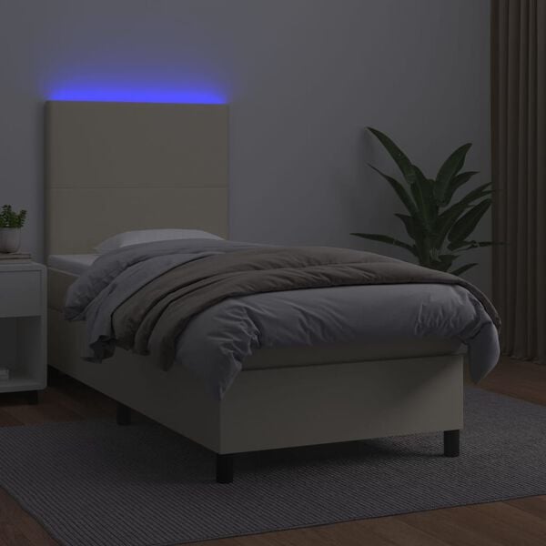 vidaXL Box spring postelja z vzmetnico LED krem 100x200cm umetno usnje