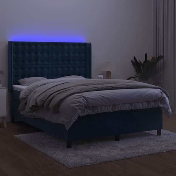 vidaXL Box spring postelja z vzmetnico LED temno modra 140x200cm žamet