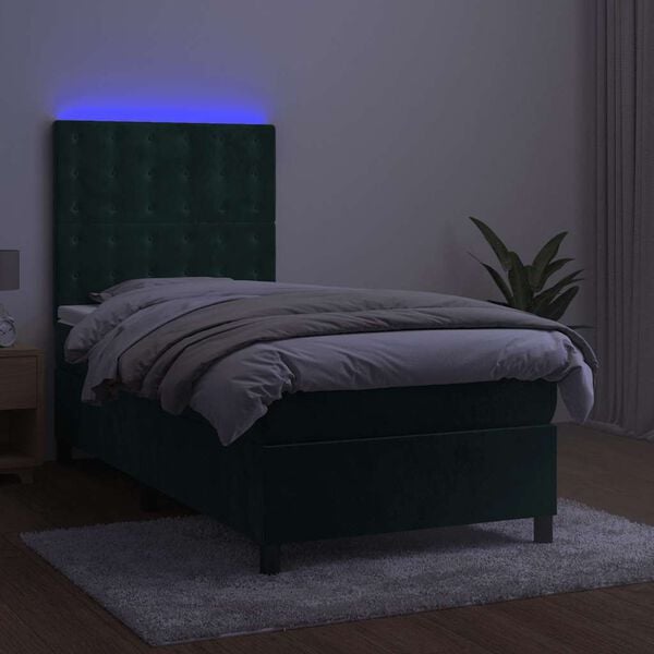 vidaXL Box spring postelja z vzmetnico LED tem. zelena 90x190 cm žamet