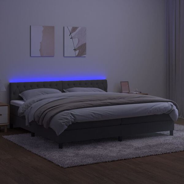 vidaXL Box spring postelja z vzmetnico LED temno siva 200x200 cm žamet