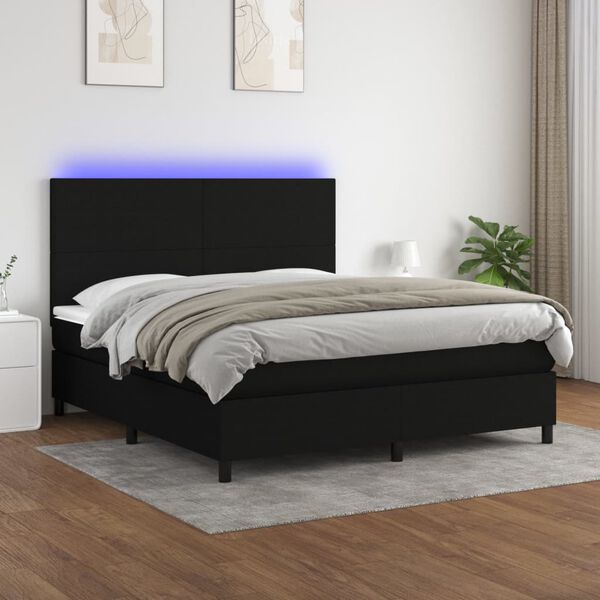 vidaXL Box spring postelja z vzmetnico LED črna 180x200 cm blago