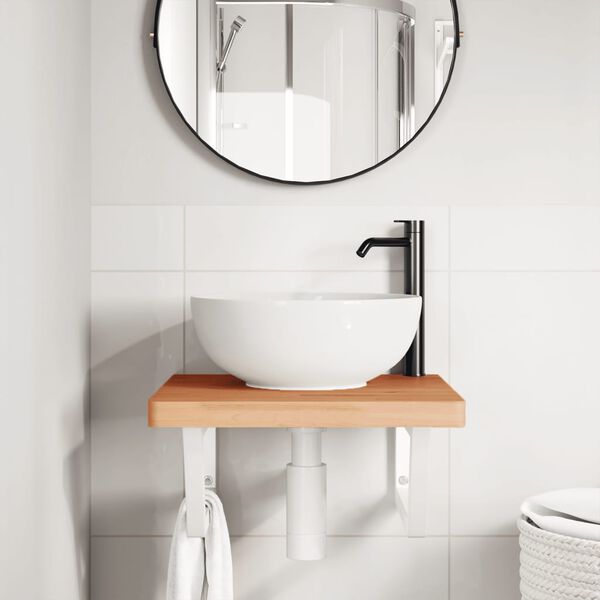 vidaXL Stenska polica za umivalnik jeklo in trdna bukovina