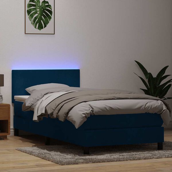 vidaXL Box spring postelja z vzmetnico LED temno modra 100x220 cm žamet