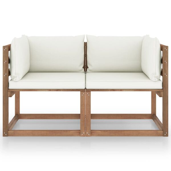 vidaXL Vrtni kavč dvosed iz palet s kremno belimi blazinami borovina