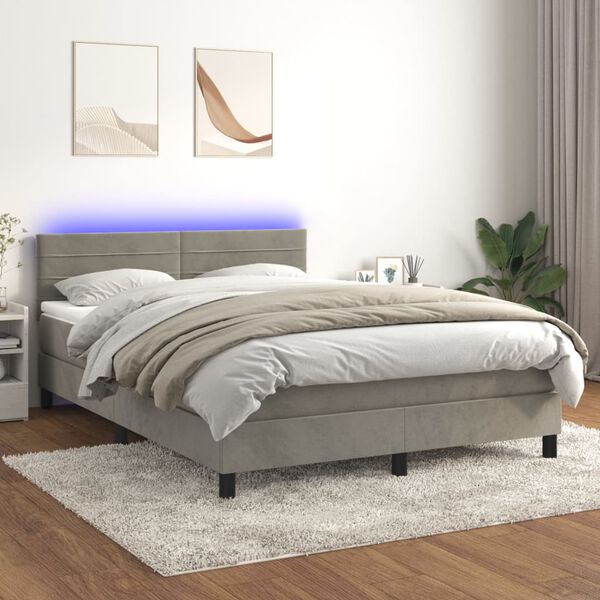 vidaXL Box spring postelja z vzmetnico LED sv. siva 140x190 cm žamet