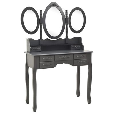 vidaXL Mizica za ličenje s stolčkom in tridelnim ogledalom siva