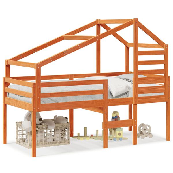 vidaXL Visoka postelja s streho voščeno rjava 90x190 cm trdna borovina