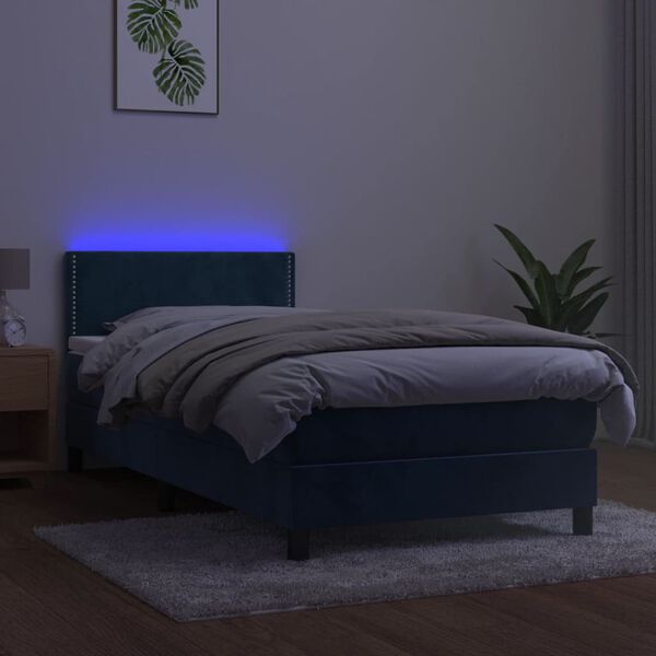 vidaXL Box spring postelja z vzmetnico LED temno modra 90x200 cm žamet