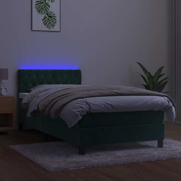 vidaXL Box spring postelja z vzmetnico LED tem. zelena 100x200cm žamet