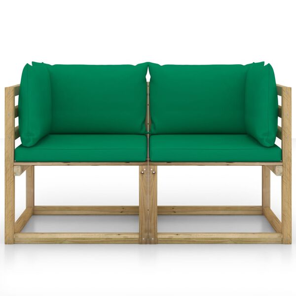 vidaXL Vrtni kotni kavč in blazine 2 kosa zelena impregnirana borovina