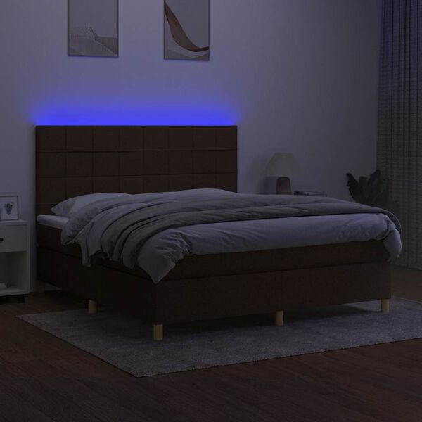 vidaXL Box spring postelja z vzmetnico LED temno rjava 180x200cm blago
