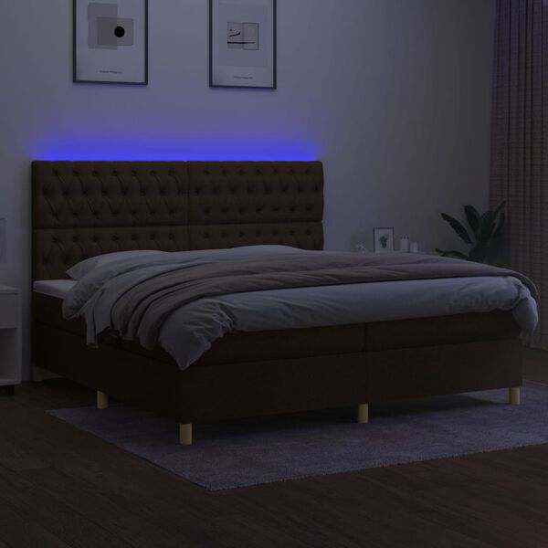 vidaXL Box spring postelja z vzmetnico LED temno rjava 200x200cm blago