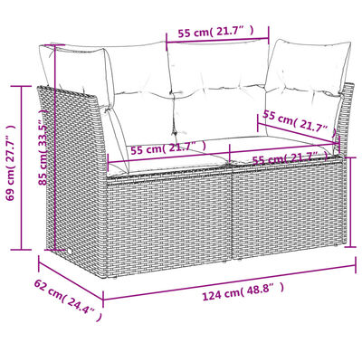 vidaXL Vrtni kavč z blazinami 2-sedežni siv poli ratan