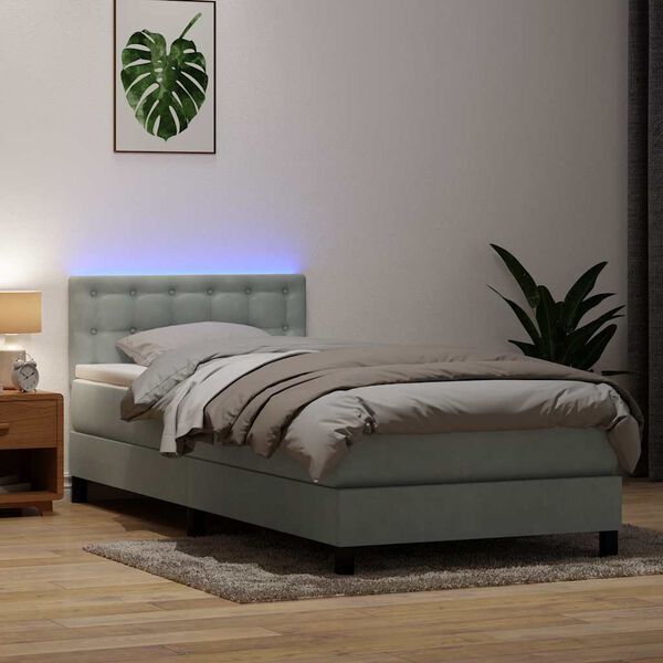 vidaXL Box spring postelja z vzmetnico LED svetlo siva 100x220 cm žamet