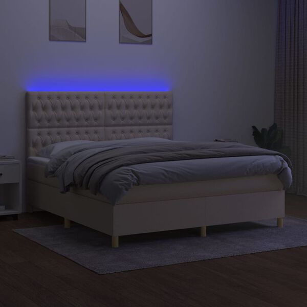 vidaXL Box spring postelja z vzmetnico LED krem 160x200 cm blago