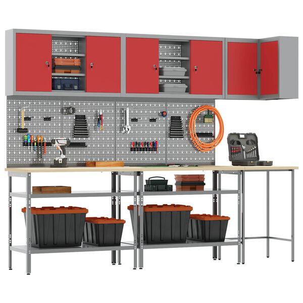 vidaXL Set delovnih omar s polico s shranjevanjem 10 pcs Rdeča in siva