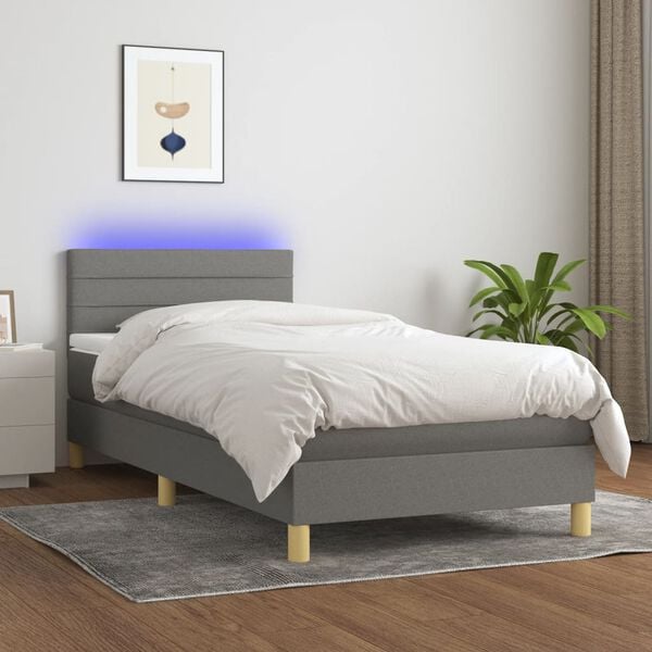 vidaXL Box spring postelja z vzmetnico LED temno siva 90x190 cm blago