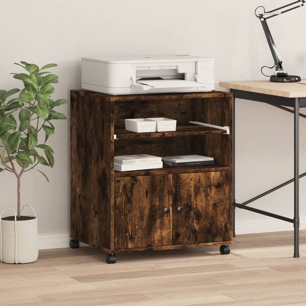 vidaXL Stojalo za tiskalnik s kolesi dimljeni hrast 60x48x74 cm