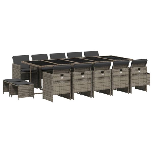 vidaXL Vrtna jedilna garnitura 15-delna z blazinami siv poli ratan