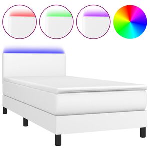 vidaXL Box spring postelja z vzmetnico LED bela 90x200 cm umetno usnje