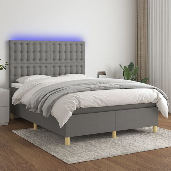 vidaXL Box spring postelja z vzmetnico LED temno siva 140x200 cm blago