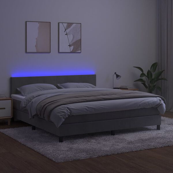 vidaXL Box spring postelja z vzmetnico LED svetlo siva 160x200cm žamet