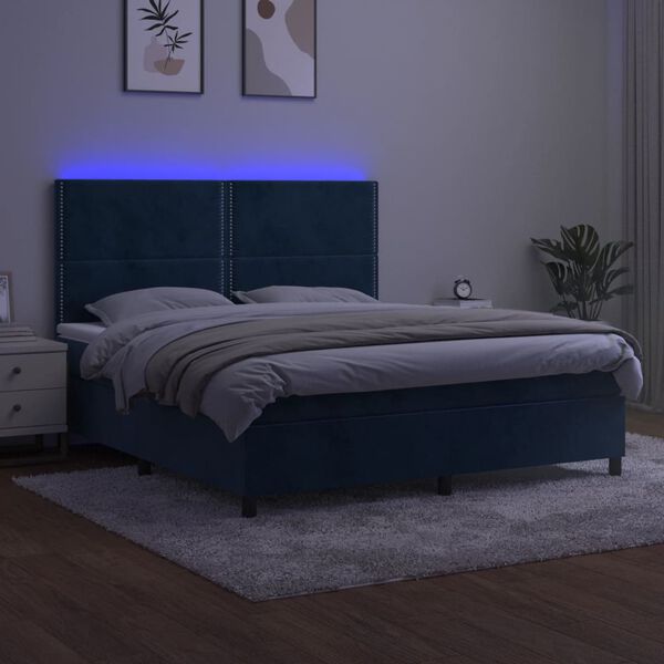 vidaXL Box spring postelja z vzmetnico LED temno modra 180x200cm žamet