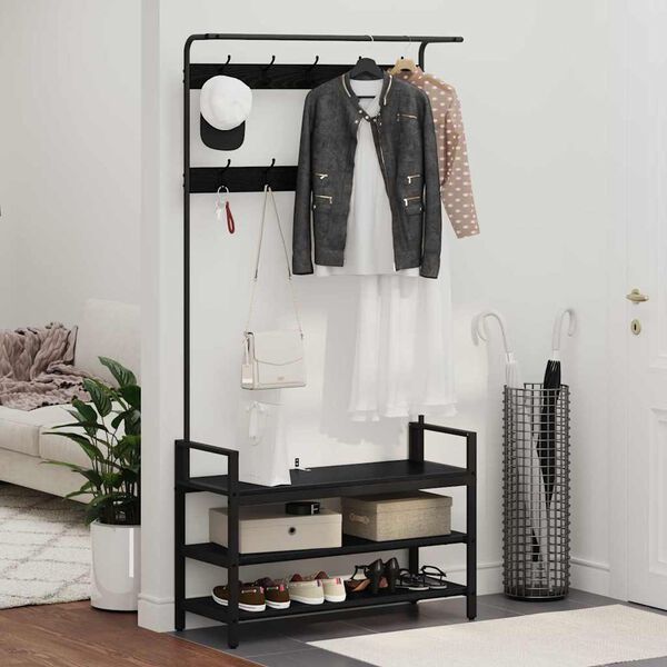 vidaXL Obe&scaron;alnik za pla&scaron;če s polico Črna Orehovina 95 x 34 x 184 cm